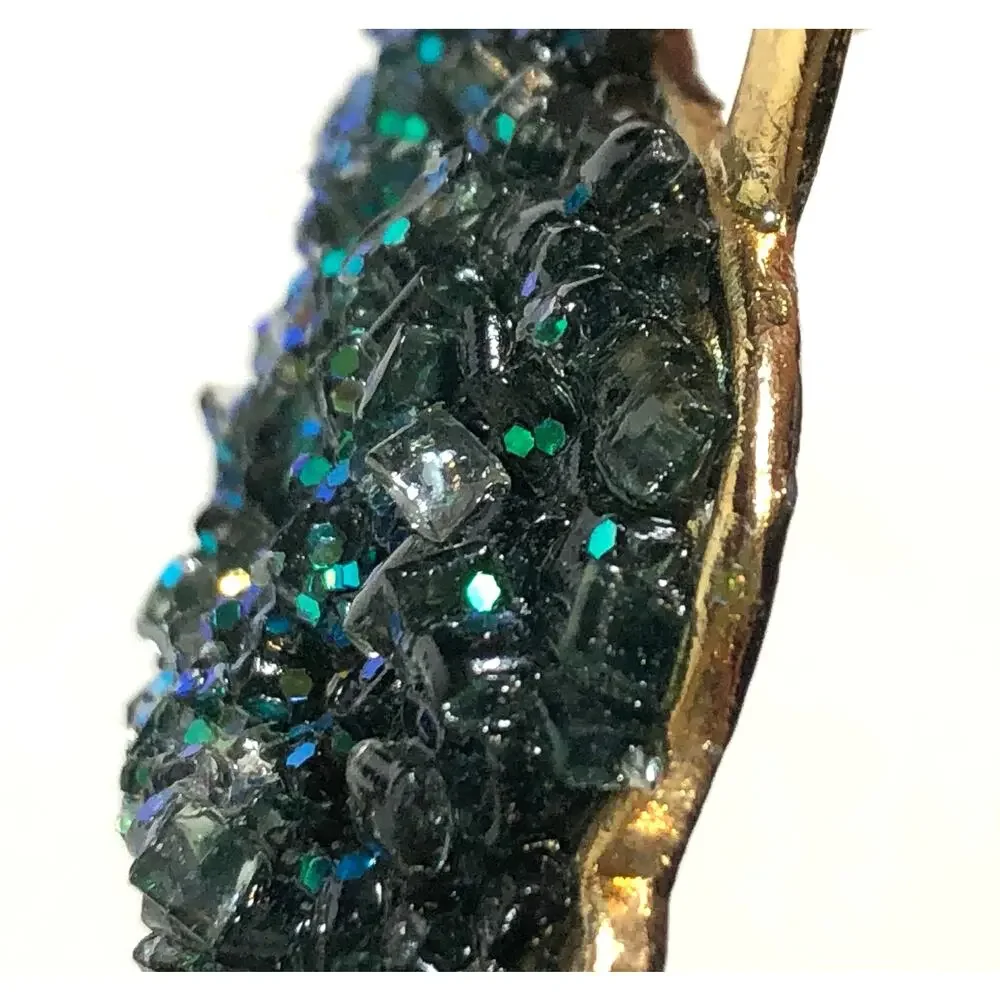 Green Glass Glitter Brooch Gold Tone Large Statement Vintage Retro Sparkle